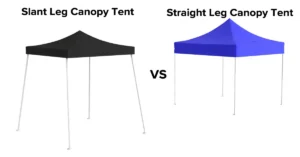 Comparison of two canopy tents: a black slant leg canopy tent on the left and a blue straight leg canopy tent on the right. The text Slant Leg Canopy Tent and Straight Leg Canopy Tent labels each, with VS in the center.
