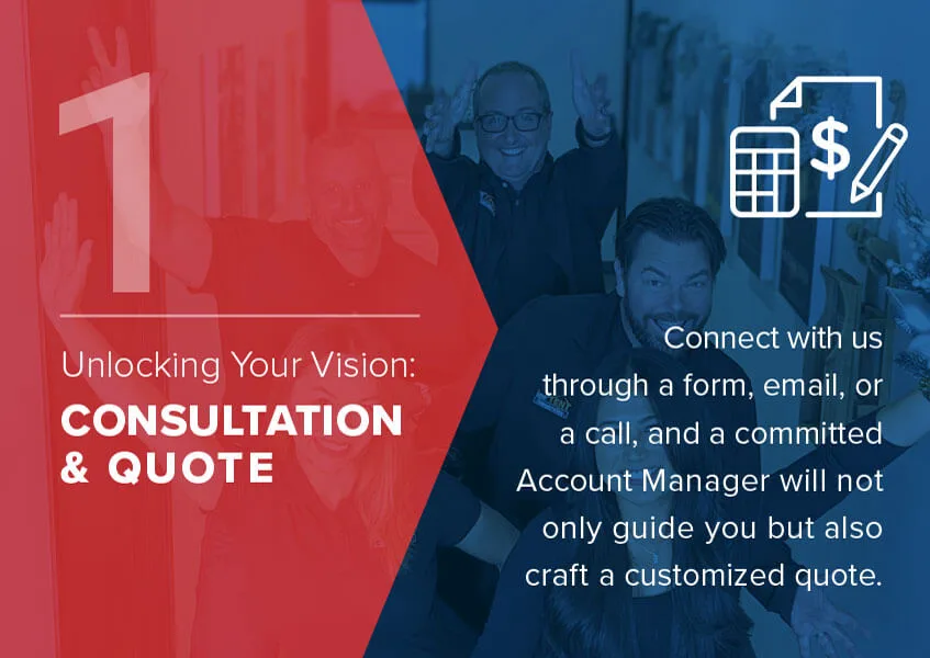 Red and blue promotional graphic with text: 1. Unlocking Your Vision: Consultation & Quote. Icons of a calculator and phone with: Connect with us through a form, email, or a call, and a committed Account Manager will craft a customized quote.