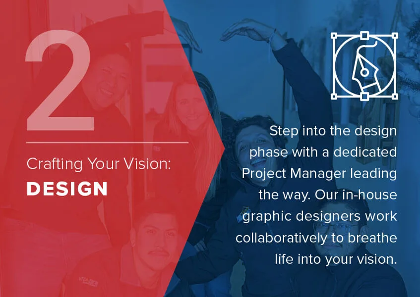 Red and blue split background with text and a group of people. Text reads: “2 Crafting Your Vision: DESIGN. Step into the design phase with a dedicated Project Manager leading the way. Our in-house graphic designers work collaboratively to breathe life into your vision.”.