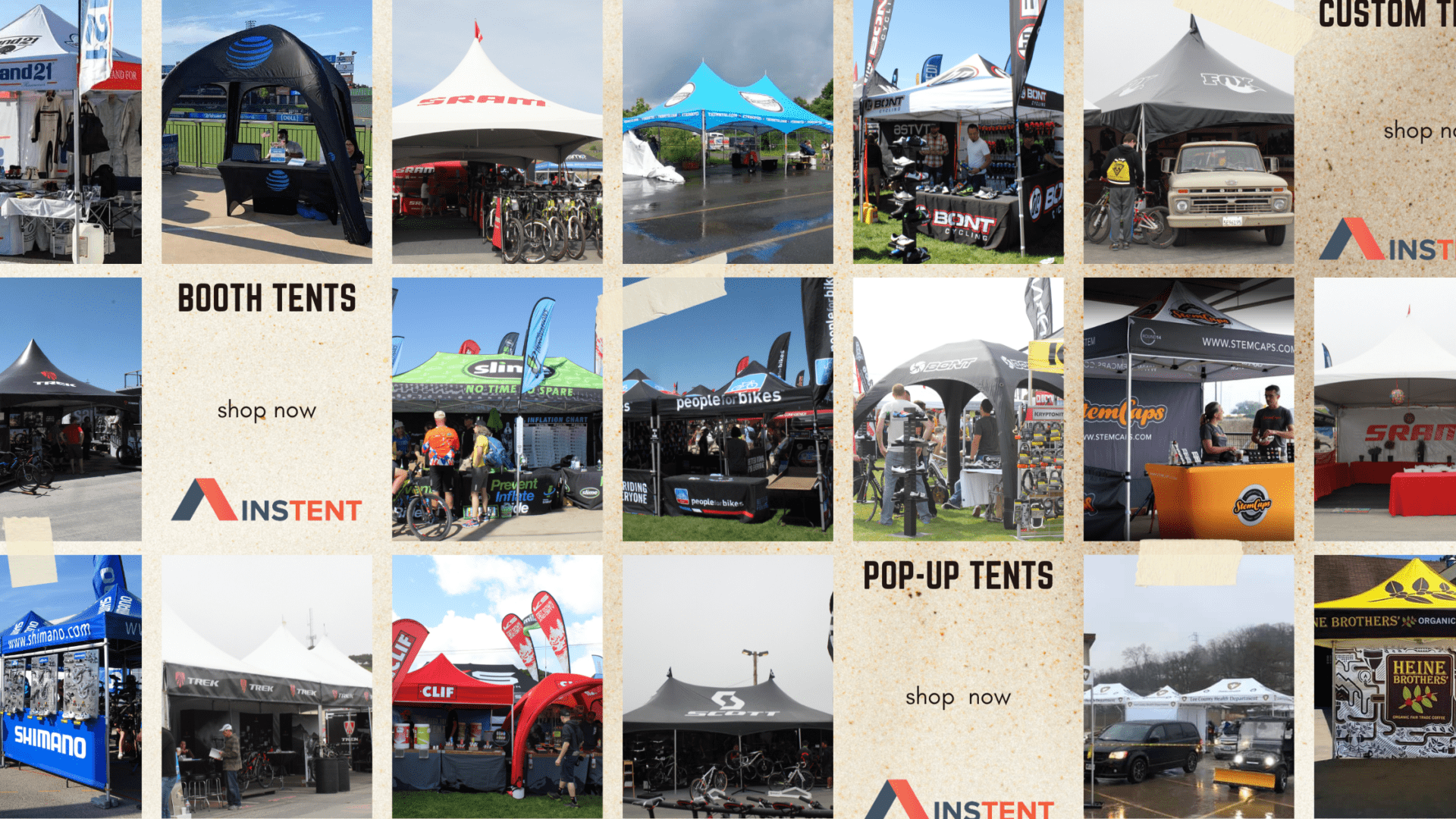 A collage of various outdoor event tents featuring multiple brands and setups, including booth tents and pop-up tents. Each image showcases different tent styles and designs in various outdoor settings, with text advertising shop now.