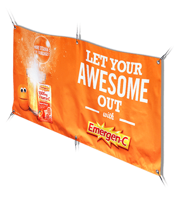 Orange banner promoting Emergen-C with a smiling orange character and a product box. Text reads Let your awesome out with Emergen-C and highlights more vitamin C than 10 oranges.