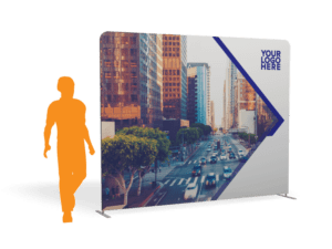 The 10x 7.5 Tension Wall w/ Hardware - Straight showcases a city street backdrop with tall buildings and traffic, alongside an orange silhouette of a walking person, featuring a YOUR LOGO HERE placeholder in the top right corner.