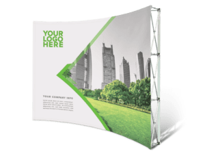 The 10x8 Printed Pop-Up Wall - Straight showcases a white and green design with YOUR LOGO HERE and YOUR COMPANY INFO, featuring a city skyline with skyscrapers, plus a park with green grass and trees.