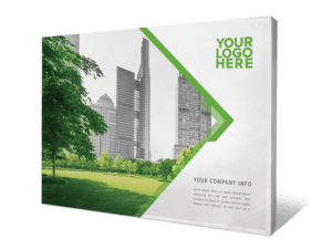 The 10x8 Printed Pop-Up Wall - Straight showcases a city skyline with modern buildings and green spaces. The left side highlights trees and grass, while the right side features placeholders for a logo and company details on a geometric design.