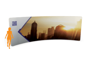 The 20x 7.5 Tension Wall w/ Hardware - Straight features a large curved display of a city skyline at sunset, with the sun setting behind skyscrapers. It includes a logo placeholder on the left and a silhouette of a person walking in the lower left corner.