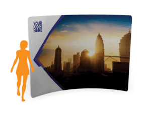The 8x 7.5 Tension Wall w/ Hardware - Straight showcases a sunset city skyline with skyscrapers and a glowing sun near the horizon. Your Logo Here appears in the top left, while an orange silhouette of a person stands in front.