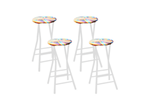 Four white bar stools covered with printed seat covers featuring a colorful spiral pattern are positioned closely on a white background, casting shadows beneath them.