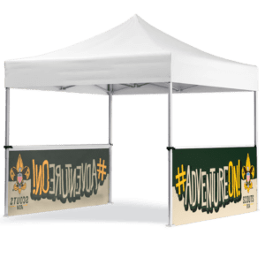 A transparent, white outdoor canopy tent includes two side panels showcasing #ADVENTUREON and Scouts with a fleur-de-lis logo. Officially named the BSA - 10 Railskirt (Set of 2) - Prepared For Life Print.