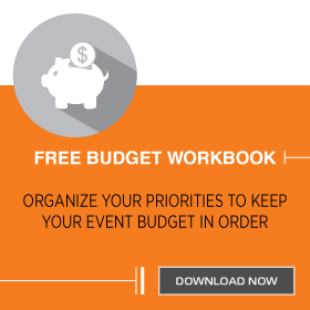 An orange and gray graphic with a piggy bank icon. Text reads: Free Budget Workbook. Organize your priorities to keep your event budget in order. A button says Download Now.