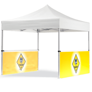 A white canopy tent is adorned with two yellow banners from the BSA - 10 Railskirt (Set of 2) - Prepared For Life collection, each displaying a diamond-shaped logo featuring a wolfs head and text. The tent sits against a plain backdrop.
