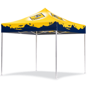 The Cub Scouts 10x10 Custom Printed Tent in yellow and blue showcases a mountain, tree, cycling, and hiking design. It features a square shape with four white legs and a peaked top.