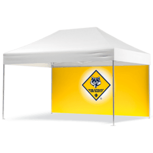 A white canopy tent with a yellow back panel featuring a Cub Scouts logo (wolf head in a blue and yellow diamond), supported by four metal legs, casting a shadow. Product: Cub Scouts - 10 Tent Wall - Cub Scouts Logo (Copy).