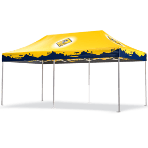 The BSA – 10’x20′ Custom Printed Tent features a yellow canopy with a black silhouette design of outdoor activities. It is supported by metal poles, has a logo on top, and casts a dark shadow on the ground.