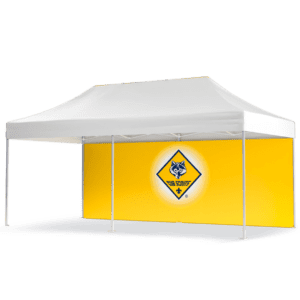 A 15 tent wall, Prepared For Life, stands against a solid yellow backdrop with a Cub Scouts logo centered. The white canopy tent features a peaked roof, four legs, and displays the blue diamond logo with a bears head and Cub Scouts text.