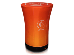 The Air Counter - Large is a cylindrical orange stand with a geometric logo on the front and top, featuring a gradient effect and black base.