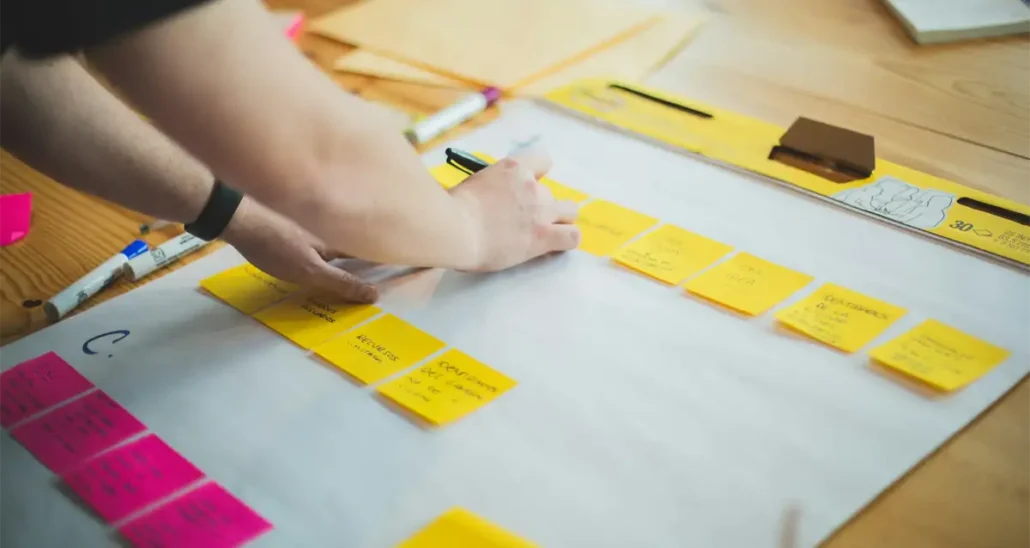 A person arranges yellow sticky notes on a large white paper on a wooden desk. There are markers and other office supplies scattered around. The notes seem to be part of a brainstorming or planning session.