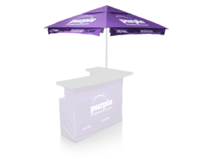Purple L-shaped bar with a black counter, featuring PURPLE ON DEMAND GAS SERVICE on the purple canopy and skirt. Product: Printed Bar Umbrella Fabric Only.