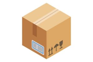 A Tension Banner Frame Only is packaged in a brown cardboard shipping box with top tape, a side label, and “this side up” and “fragile” symbols. The box appears against a white background.