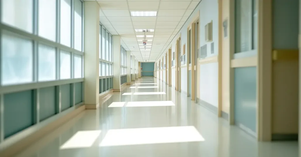A well-lit hospital corridor with shiny floors and large windows on the left, allowing natural light to flood in. The hallway features beige and white walls, closed doors on either side, and ceiling lights evenly spaced throughout.
