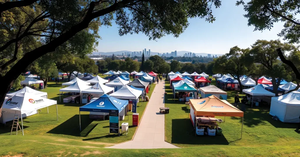 Rows of colorful vendor tents are set up on a grassy park lawn under scattered trees, with a city skyline visible in the background beneath a clear blue sky.