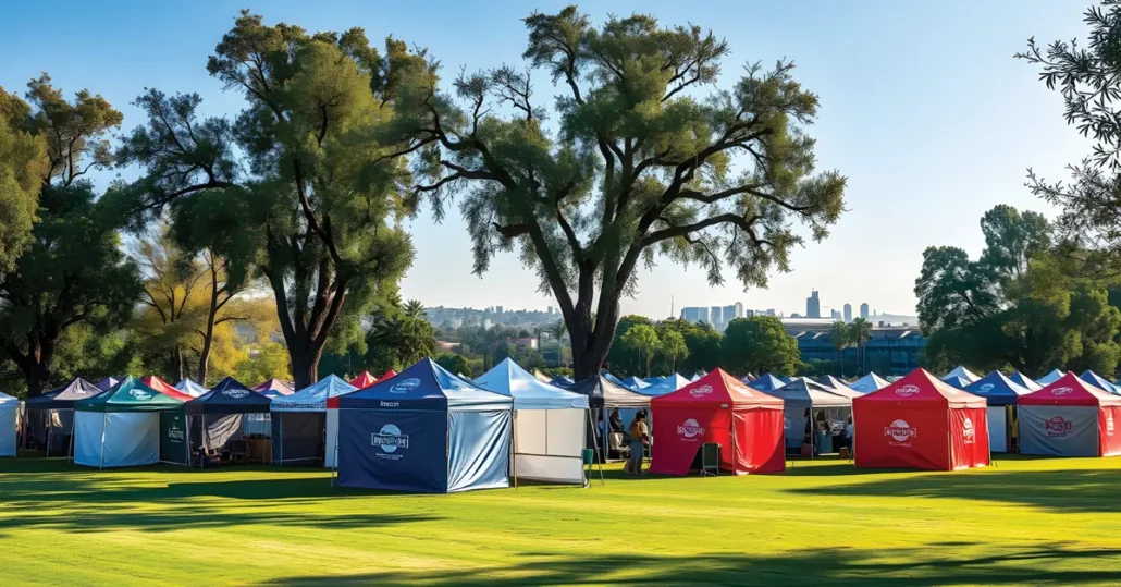 A row of colorful vendor tents, mostly blue and red, are set up on a grassy field beneath tall trees on a sunny day, with buildings and a city skyline visible in the background.
