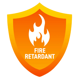 An orange shield with a white flame icon in the center and the words FIRE RETARDANT written below the flame.