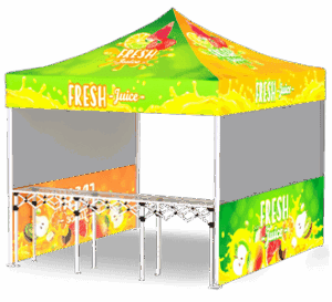 A colorful pop-up tent with FRESH Juice written on the canopy, decorated with images of fruits and splashes of juice, designed for use as a juice stand or outdoor vendor booth.