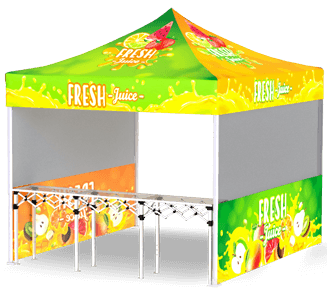 A colorful pop-up tent with FRESH Juice written on the canopy, decorated with images of fruits and splashes of juice, designed for use as a juice stand or outdoor vendor booth.