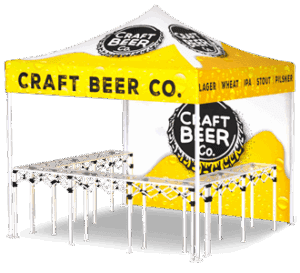 A yellow and white pop-up canopy tent with CRAFT BEER CO. and a black-and-white logo printed on the top and sides, designed for outdoor events or markets.