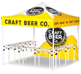 A yellow and white pop-up canopy tent with CRAFT BEER CO. and a black-and-white logo printed on the top and sides, designed for outdoor events or markets.