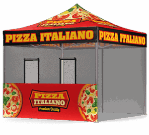 A red and yellow pop-up tent with PIZZA ITALIANO text and images of pizza slices on the roof and sides, used as a food stand or booth.