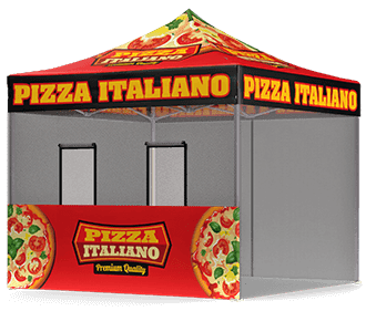 A red and yellow pop-up tent with PIZZA ITALIANO text and images of pizza slices on the roof and sides, used as a food stand or booth.