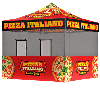 A red and yellow pop-up tent decorated with images of pizza and the words Pizza Italiano, Premium Quality on all sides, designed for selling pizza.
