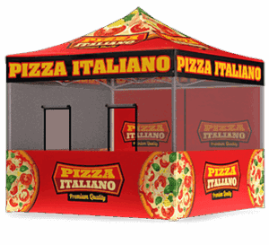 A red and yellow pop-up tent featuring the words “Pizza Italiano” and images of pizzas, designed as a food stall or stand.