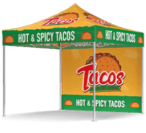 A canopy tent with yellow and green colors displays the words HOT & SPICY TACOS and features taco graphics and a large Tacos logo on the side panel.