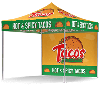 A canopy tent with yellow and green colors displays the words HOT & SPICY TACOS and features taco graphics and a large Tacos logo on the side panel.