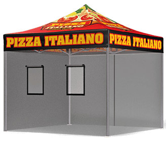 A red and yellow pop-up canopy tent, ideal for food concession tents, with PIZZA ITALIANO printed on each side and pizza graphics on the roof. Mesh walls feature two rectangular windows for easy service and visibility.
