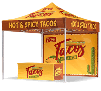 A yellow and brown pop-up tent with HOT & SPICY TACOS written on the canopy. The tent features taco graphics, a cactus, and a matching front counter with Tacos branding.