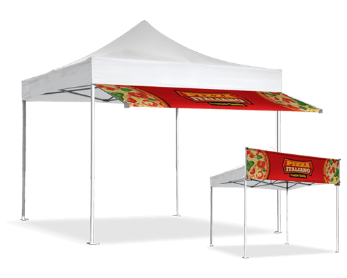 White outdoor canopy tent and table with red banners featuring images of pizza and the text “Pizza Italiano.” The setup appears to be for a food vendor or promotional event.