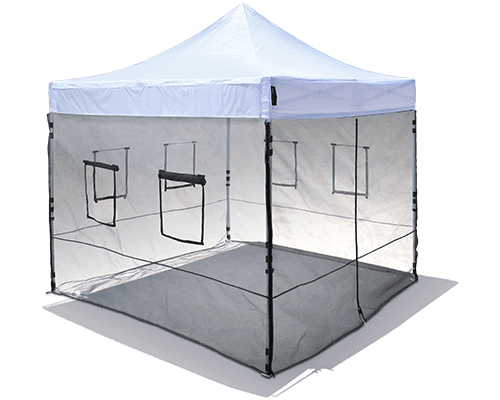 A white canopy tent with transparent mesh walls and four rectangular openings, two of which have awning-style covers. The tent is set up outdoors on a flat surface.