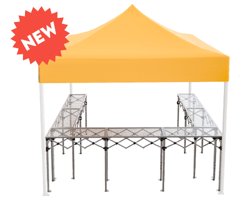 A yellow canopy tent with white legs shelters a U-shaped metal platform. A red starburst in the corner displays the word NEW in bold white letters.