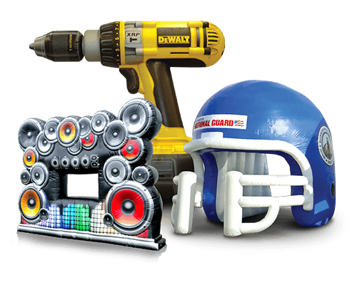 A yellow cordless DeWalt power drill, a blue football helmet with white facemask, and an inflatable object decorated with speakers and lights, arranged side by side on a white background.