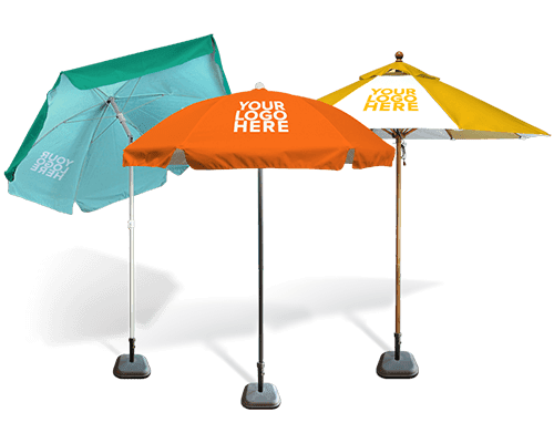 Three outdoor patio umbrellas in teal, orange, and yellow colors, each with a blank area labeled YOUR LOGO HERE, standing on gray weighted bases against a white background.