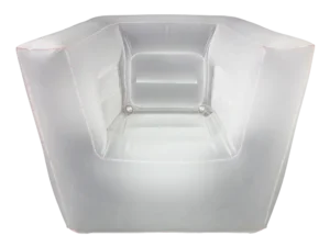 Transparent inflatable armchair with squared edges and visible seams, photographed from above on a white background.