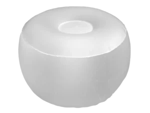 A white, round, inflatable cushion with a central hole, resembling a donut shape, placed on a plain background.