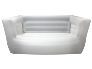 A white inflatable couch with a backrest and armrests, made of smooth plastic material, shown against a plain background.