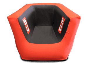 A large, modern Custom AirLounge Chair cover in black with red sides, featuring the CLIF logo in white and red on the inner armrests.