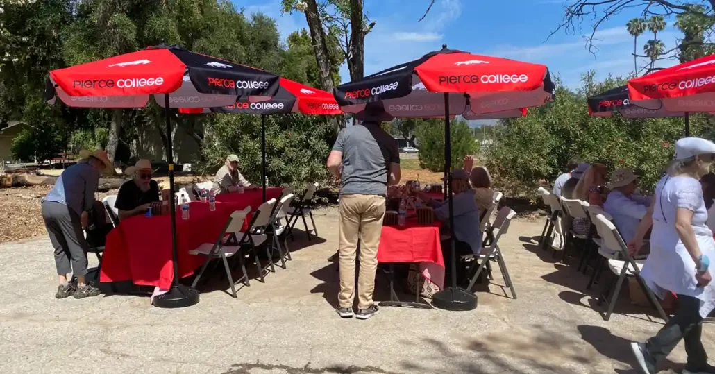 People sit at outdoor tables under red and black umbrellas labeled Pierce College, enjoying a meal together on a sunny day. Trees and greenery surround the area, and one person stands by a table.
