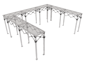 Metal modular platform structure with multiple legs and perforated surfaces, arranged in a U-shape. The foldable counters can be used by food vendors.