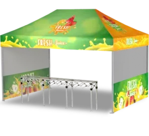 A colorful outdoor canopy tent with FRESH Juice and images of fruit printed on the green and yellow cover, and a folded metal table positioned underneath.